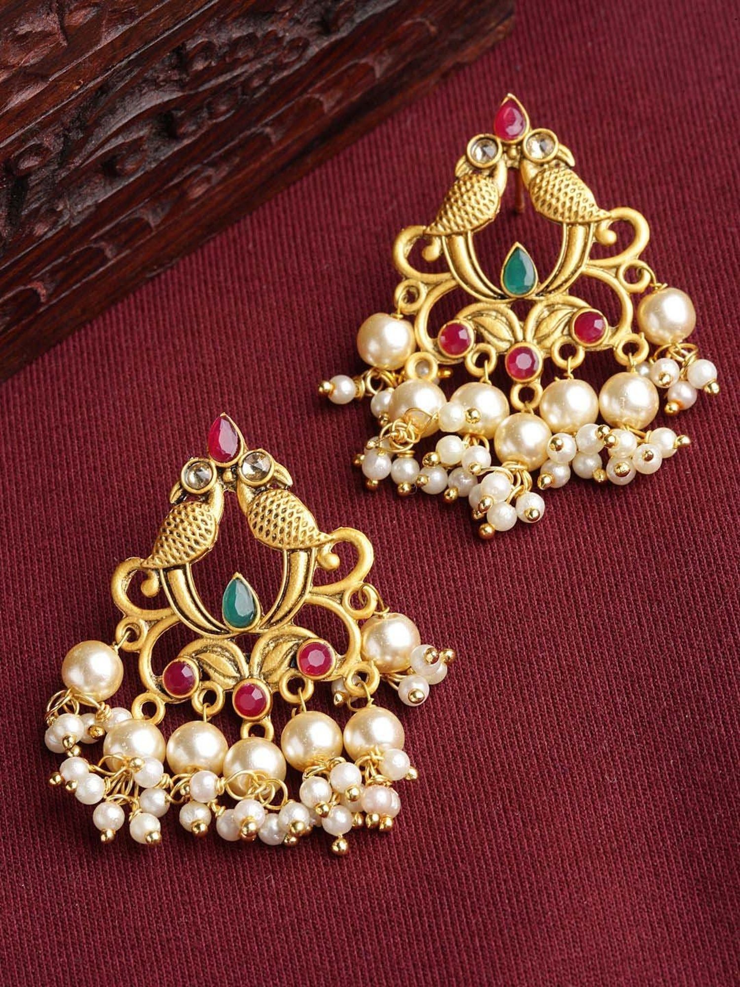 Panash Gold-Plated Red & Green Beads Peacock Shaped Pearl Stud Earrings