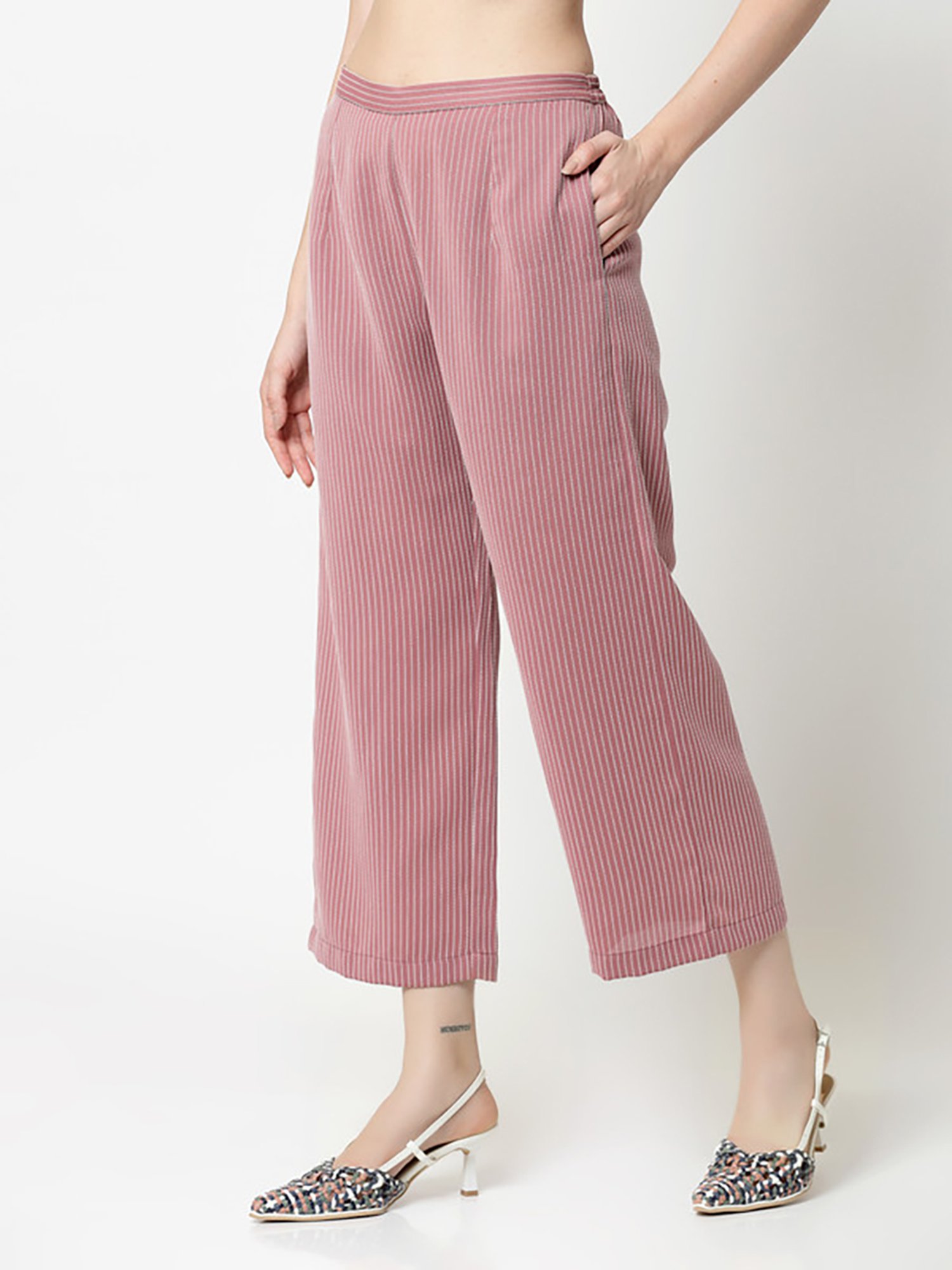 Office & You Pink Striped Regular Fit Mid Rise Palazzos