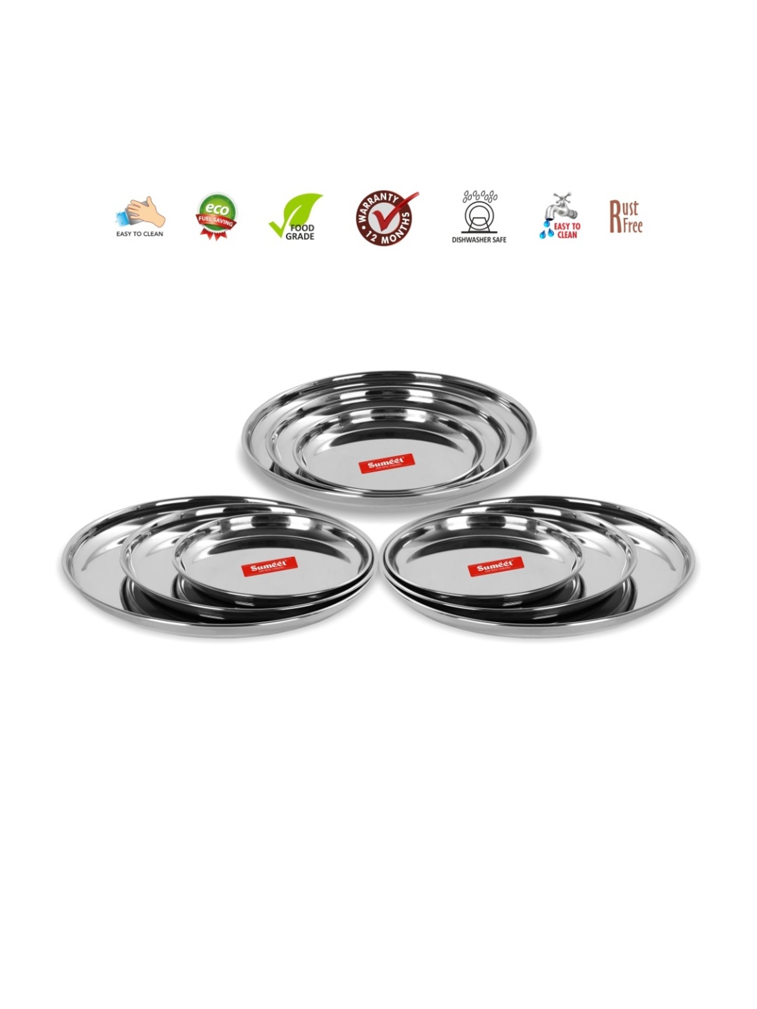 Sumeet S.S. Heavy Gauge Multi Purpose Plates with Mirror Finish Set of 9pc ( Dia-17cm, 22cm,27.5cm)