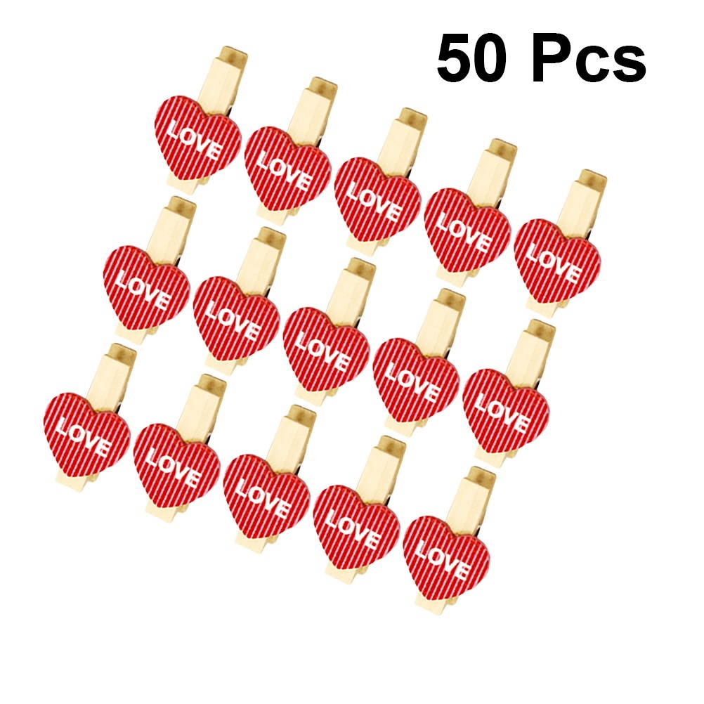 50PCS Decorative Wooden Clamp Clips Photo Clips Note Memo Holder Heart Shape Craft Clips for Party Decoration (Love)