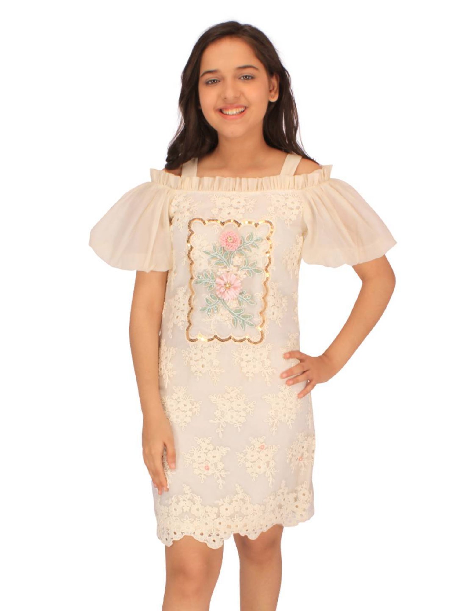 Cutecumber Kids Cream Embellished Shift Dress