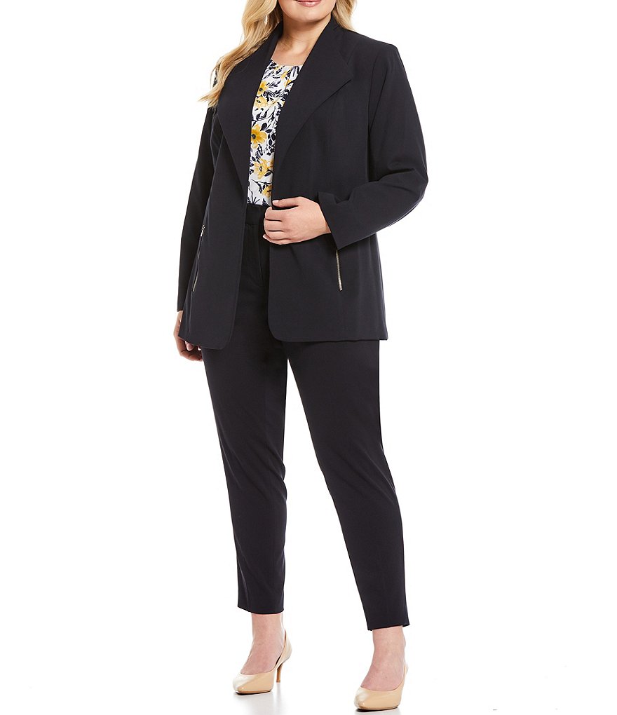 Kasper Plus Size Stretch Crepe Stand Combo Collar One Button Jacket