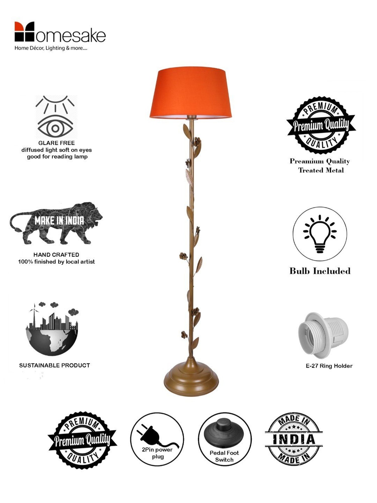 Homesake Orange & Golden Metal Standing Floor Lamp with Bulb and Floor Switch (Iron Legs)