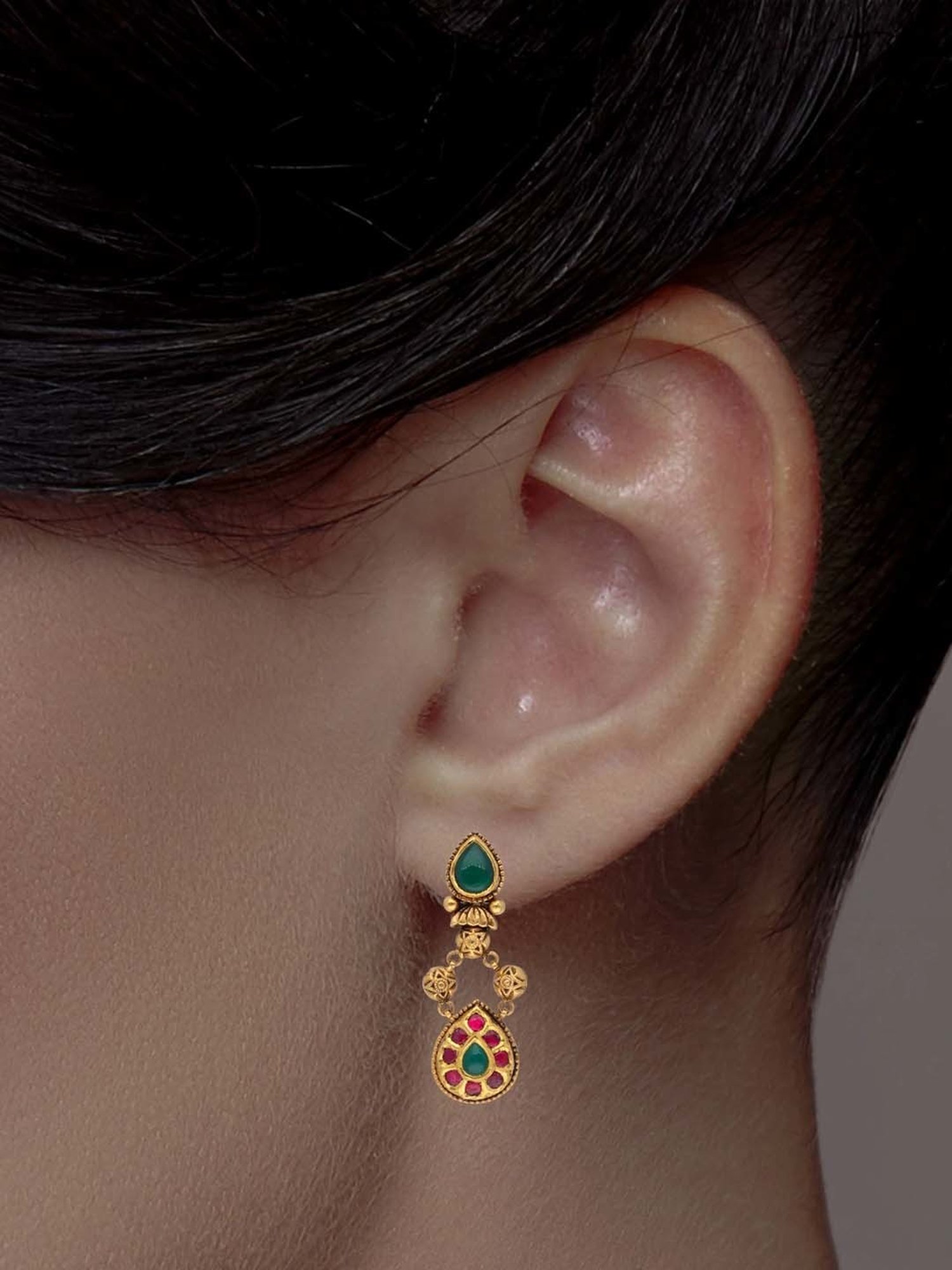 CKC Opulent Gold Oxidized Drops Set with Color Gemstone in Kundan Setting