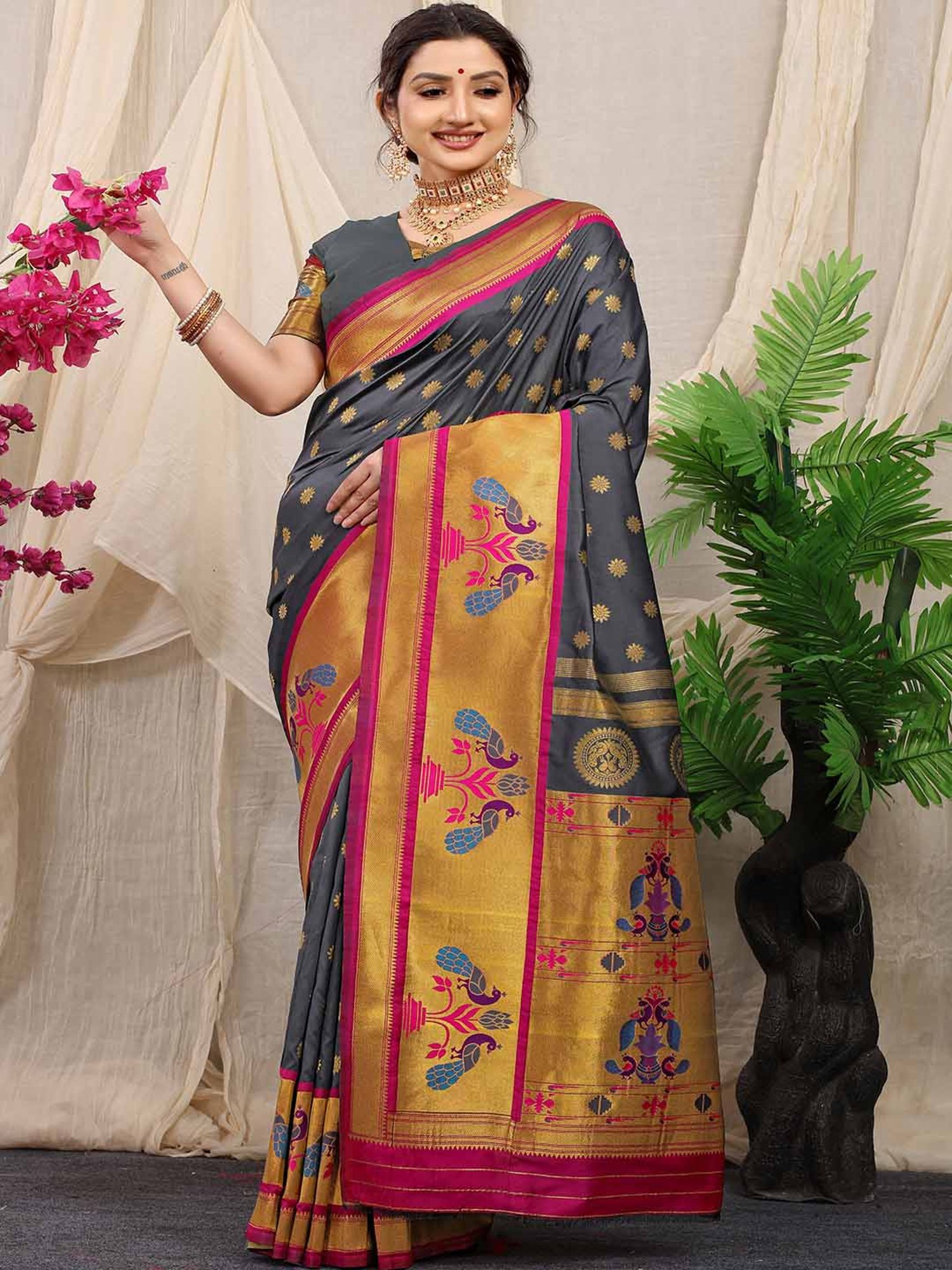 SHUBHKALA Grey Silk Woven Saree With Unstitched Blouse
