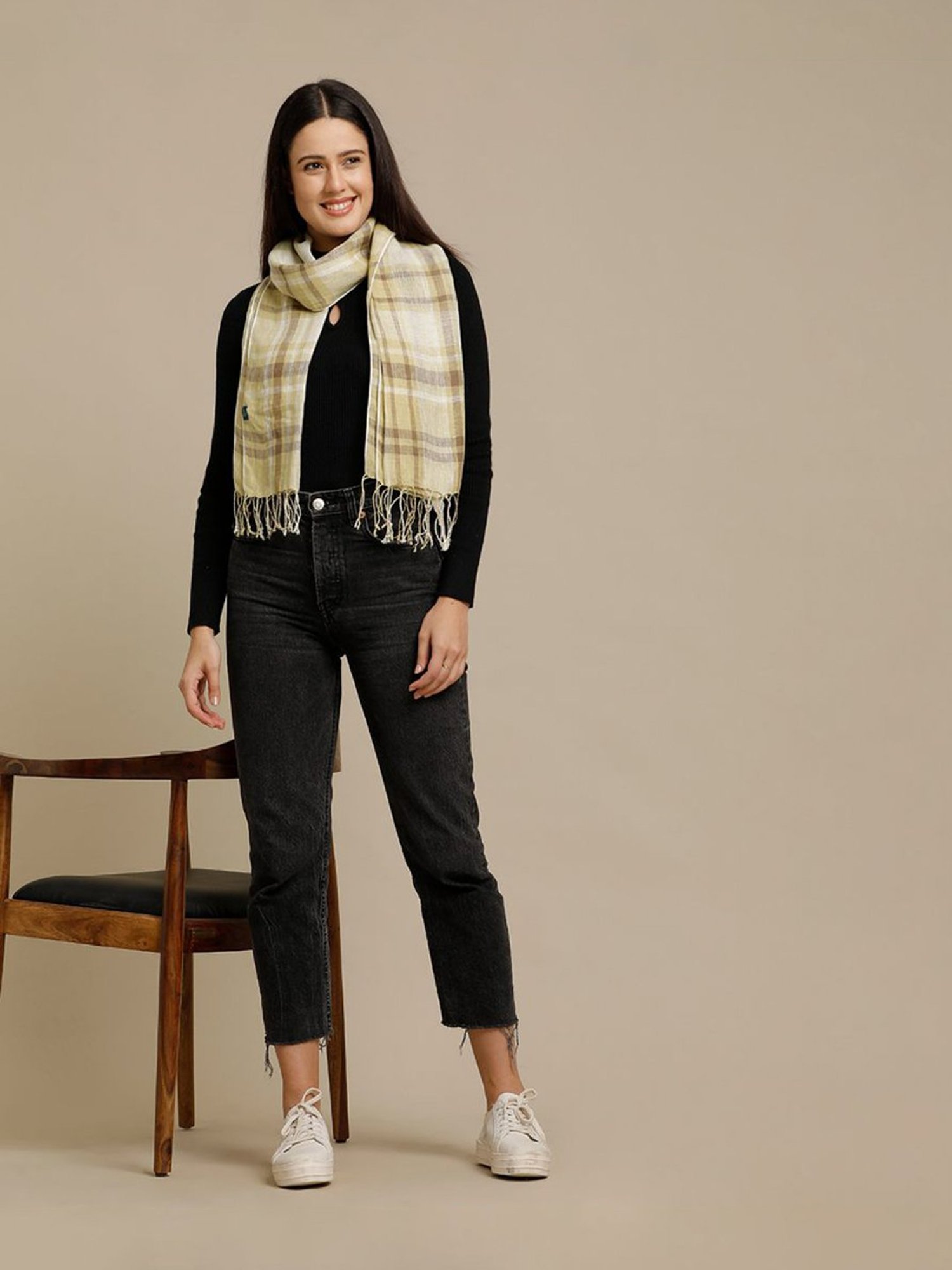 Linen Club Brown Checks Pure Linen Stole