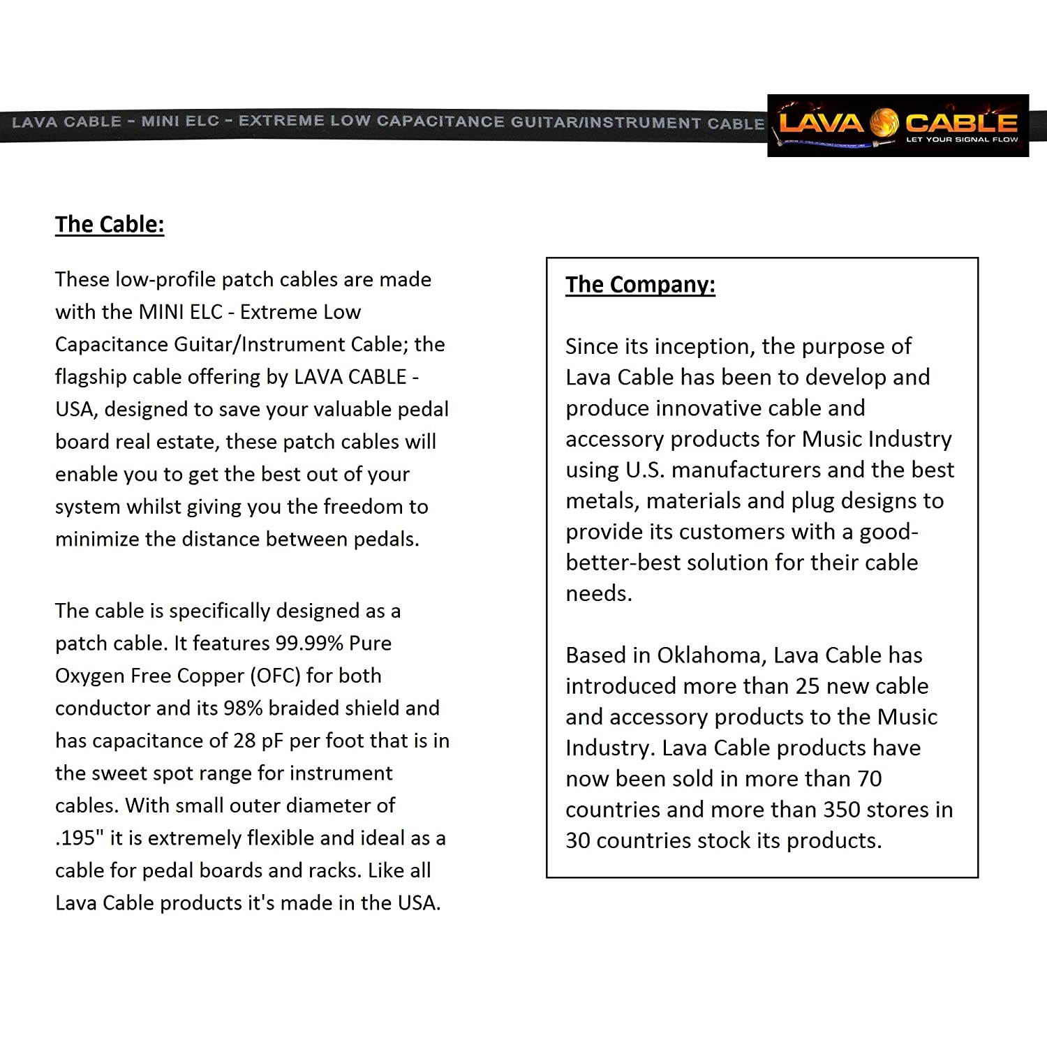 Lava Mini ELC (Black) - 11 Inch - Guitar Bass Effects Instrument, Patch Cable with Premium Gold Plated &frac14; Inch (6.35mm) Low-Profile, Right Angled Pancake type TS Connectors