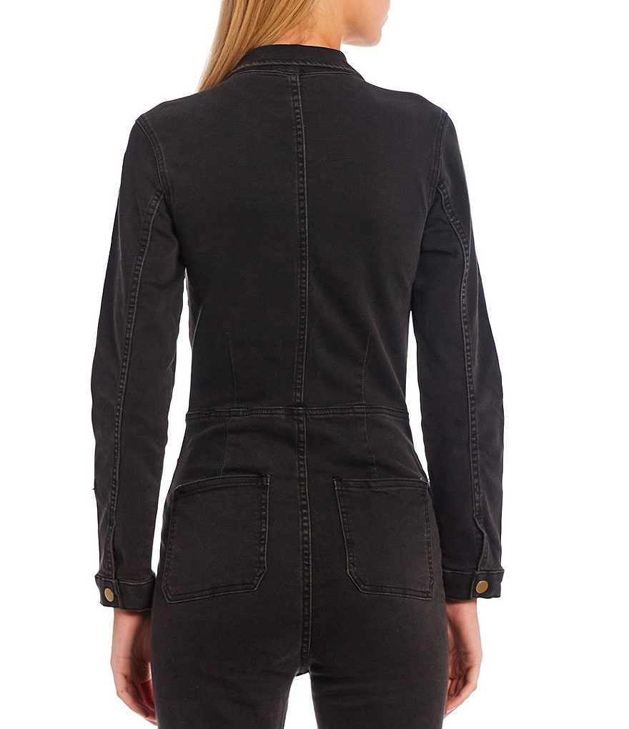 Free People Lennox Zipper Front Stretch Point Collar Long Sleeve Denim Jumpsuit