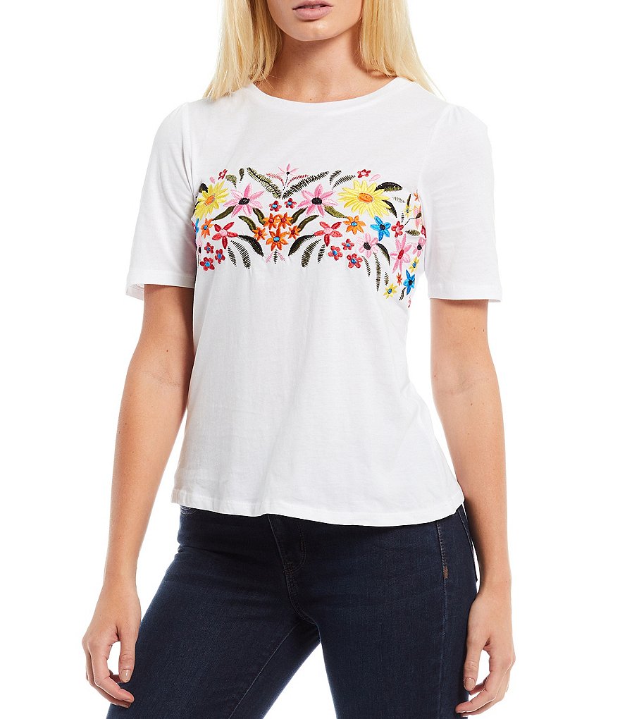 Bobeau Floral Placement Puff Sleeve Crew Neck Tee