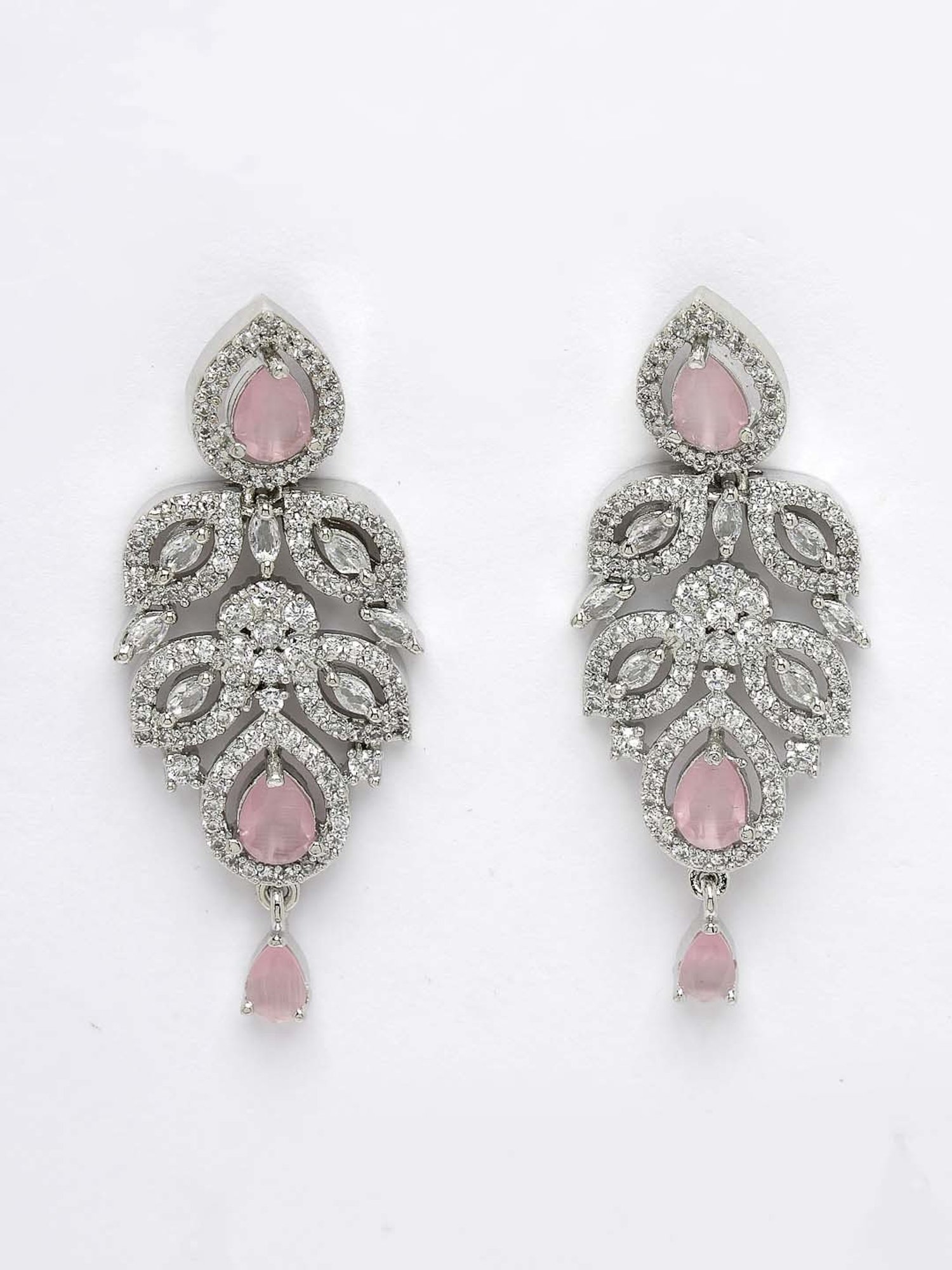 NVR Silver Plated & Pink CZ Stone Handcrafted Jewellery Set For Women