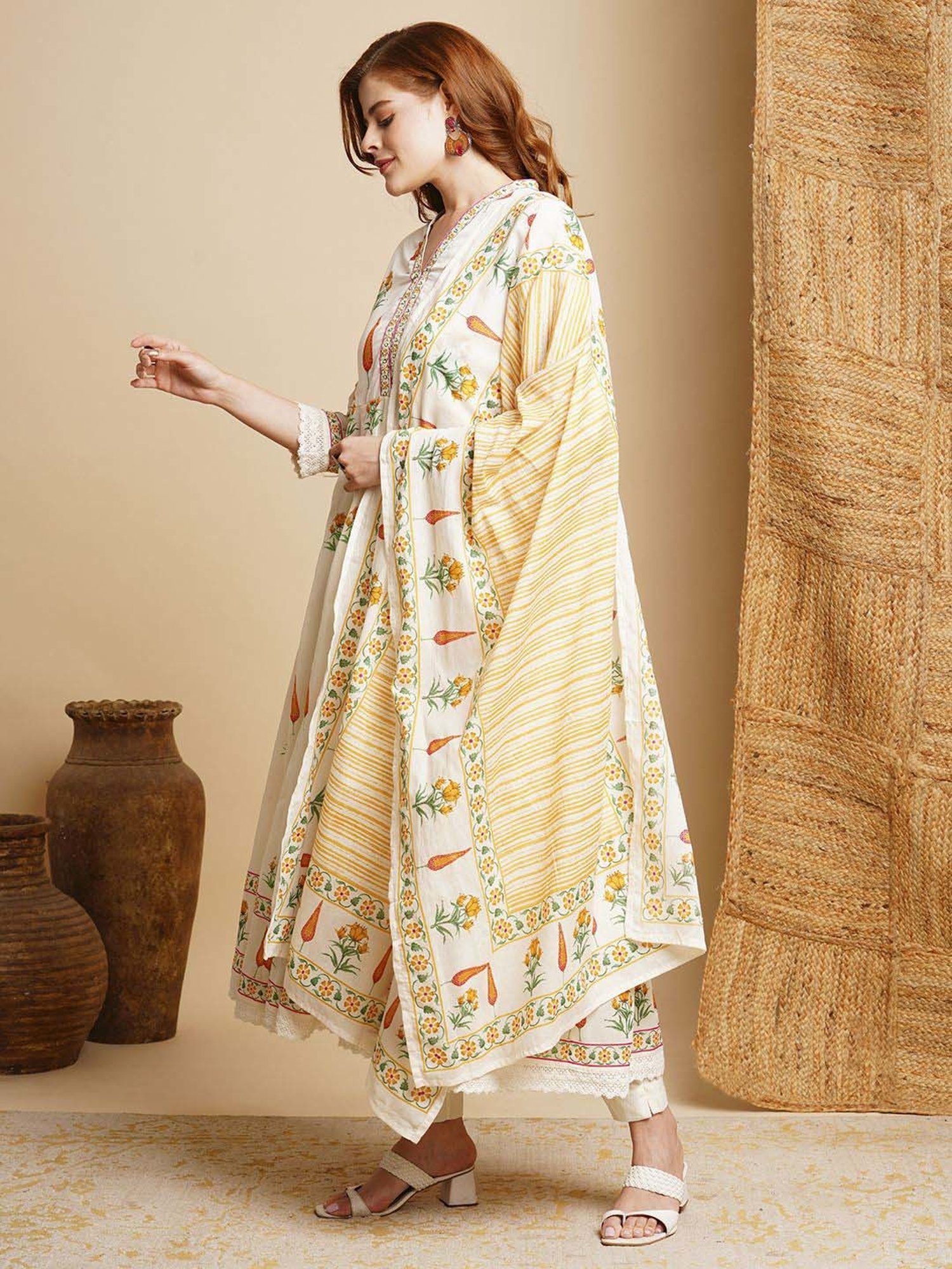 Fashor White Cotton Printed Kurta & Pant Set With Dupatta