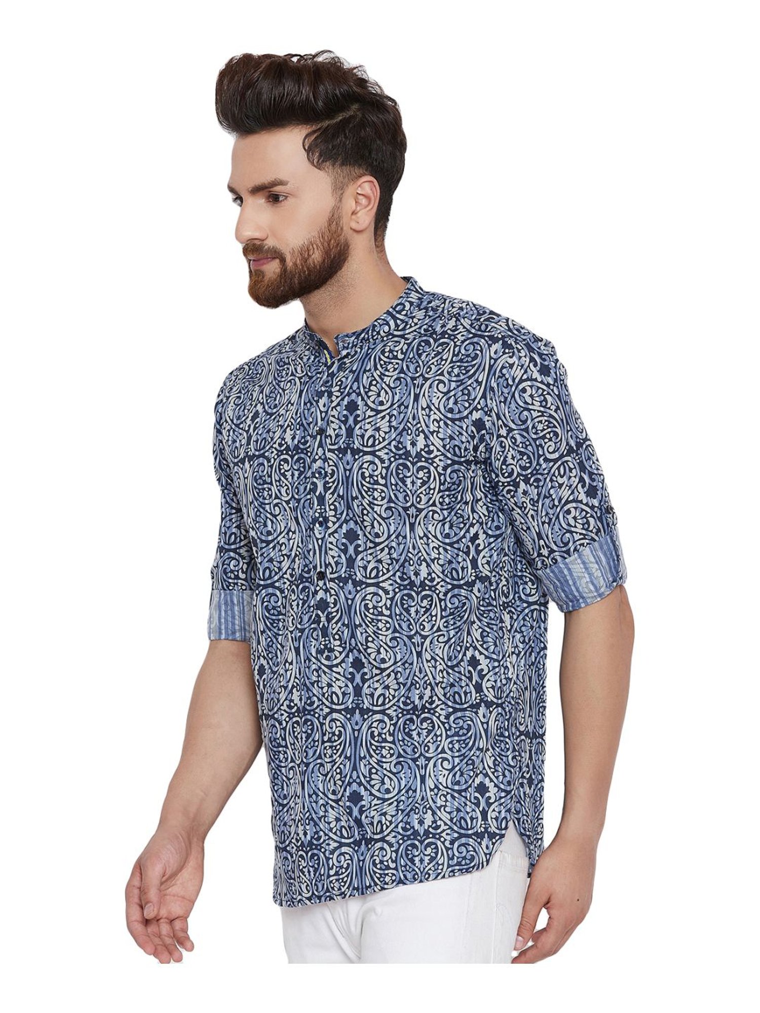 Even Blue Cotton Regular Fit Paisley Short Kurta