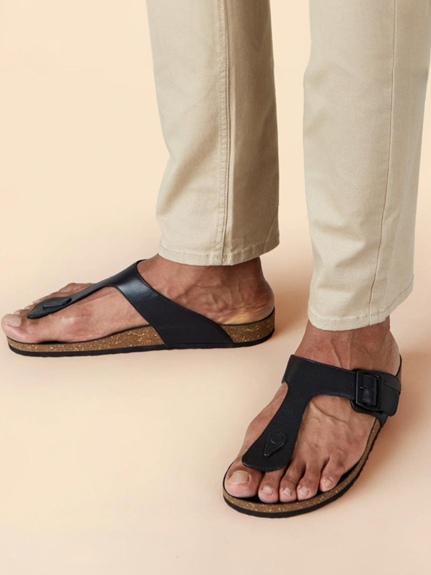 Neemans Men's Cork Black T-Strap Sandals