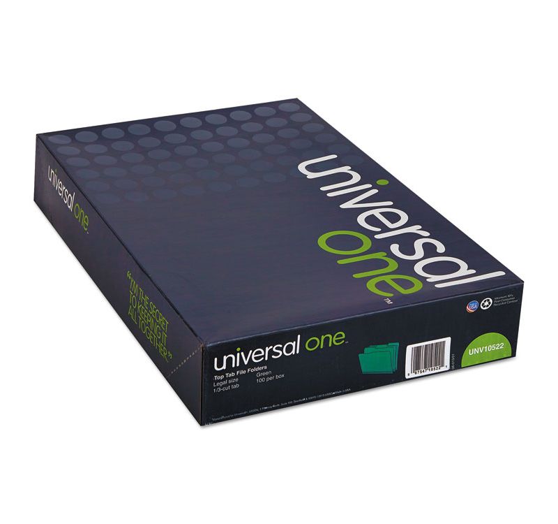 UNIVERSAL File Folders 1/3 Cut One-Ply Tab Legal Bright Green/Light Green 100/Box 10522
