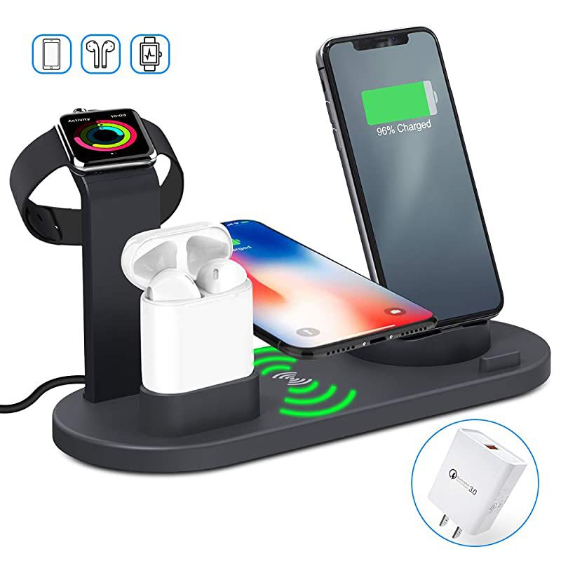 Charger 3 in 1 Charging Dock Compatible with Apple Watch and Airpods Charging Station Qi Fast Charging Stand Compatible iPhone X XS XR Xs Max 8 8 Plus Deep Black