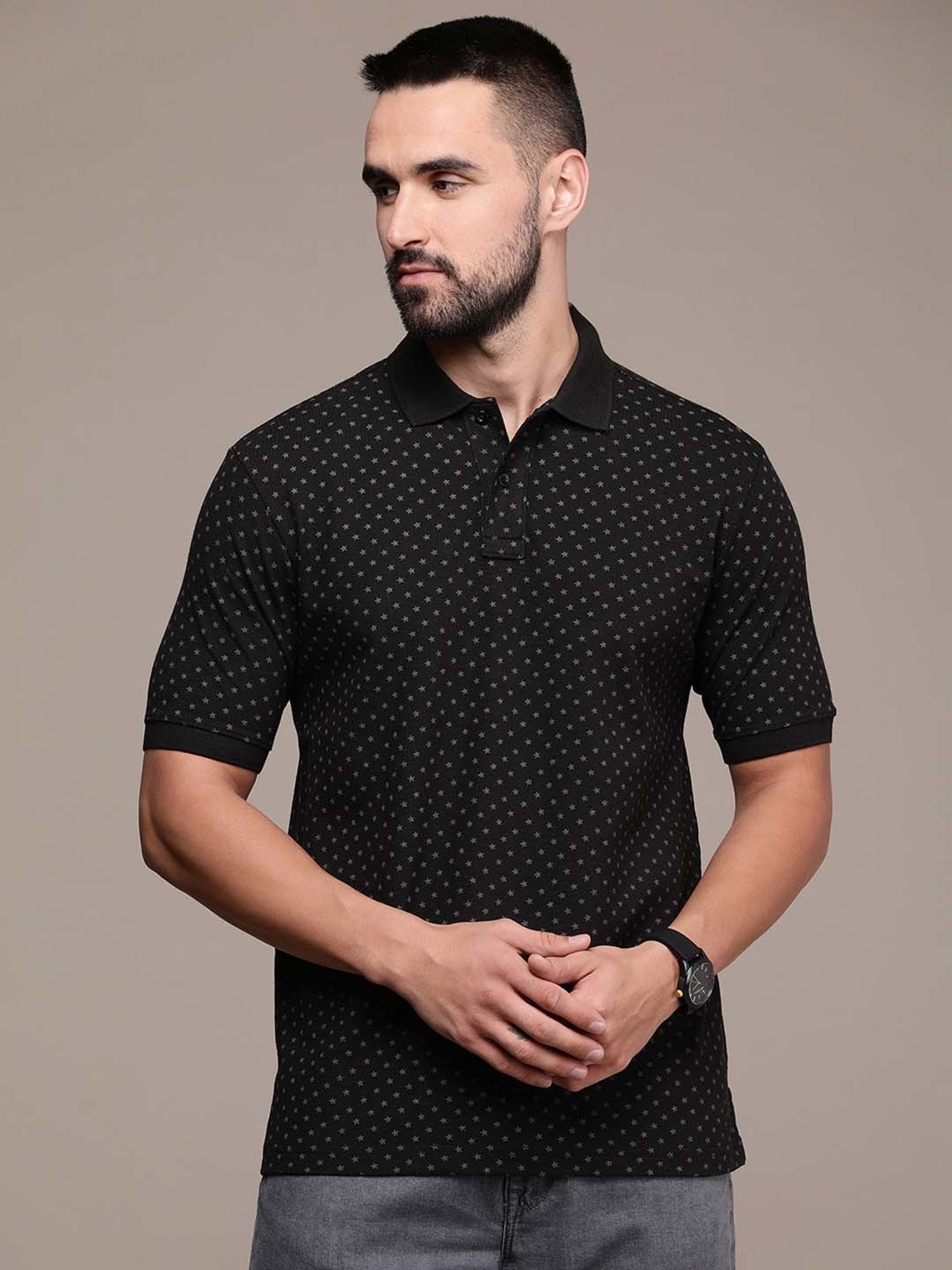 Burnt Umber Black Regular Fit Printed Polo T-Shirt