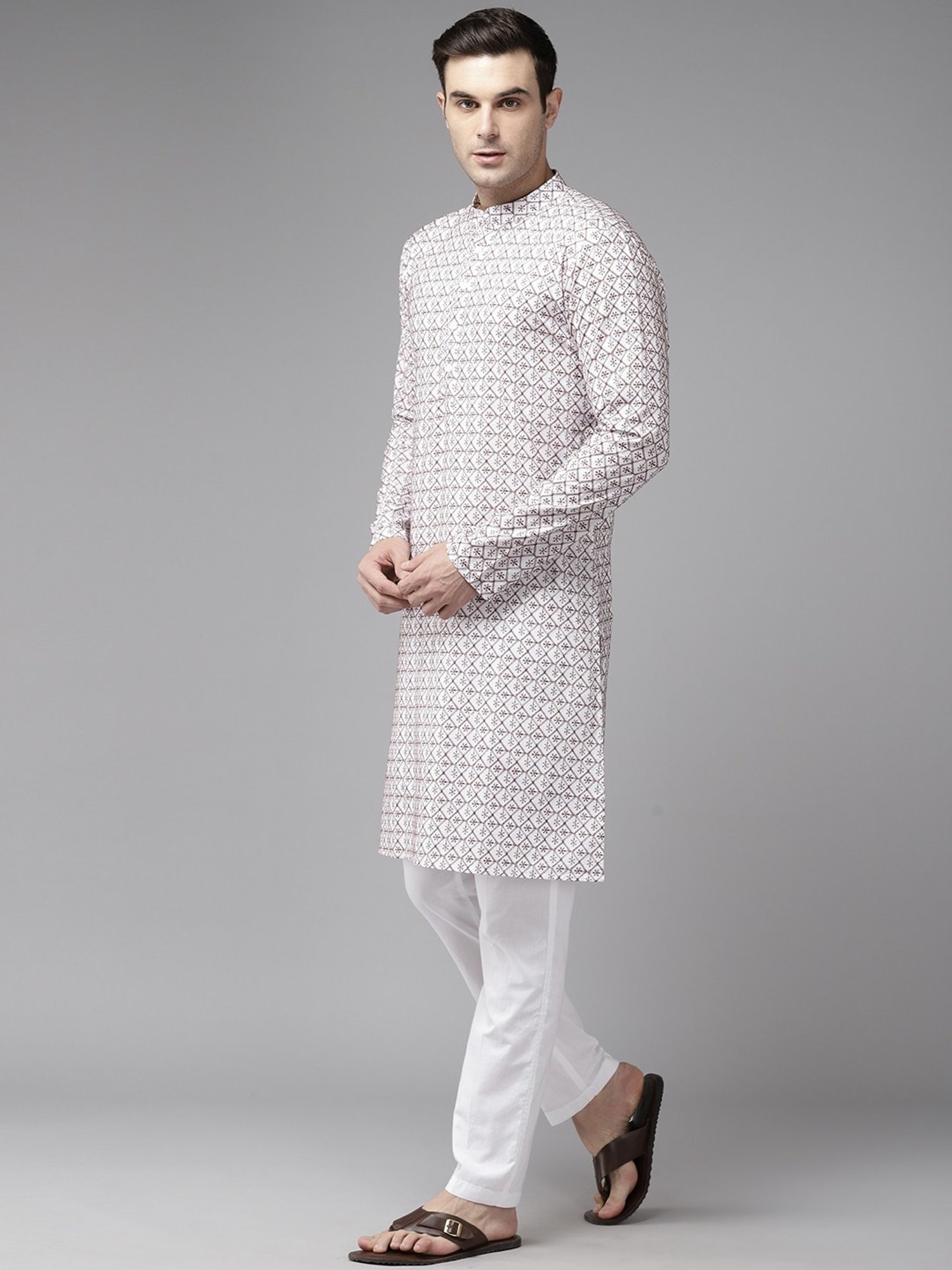 See Designs Off White Cotton Regular Fit Embroidered Kurta Bottom Set