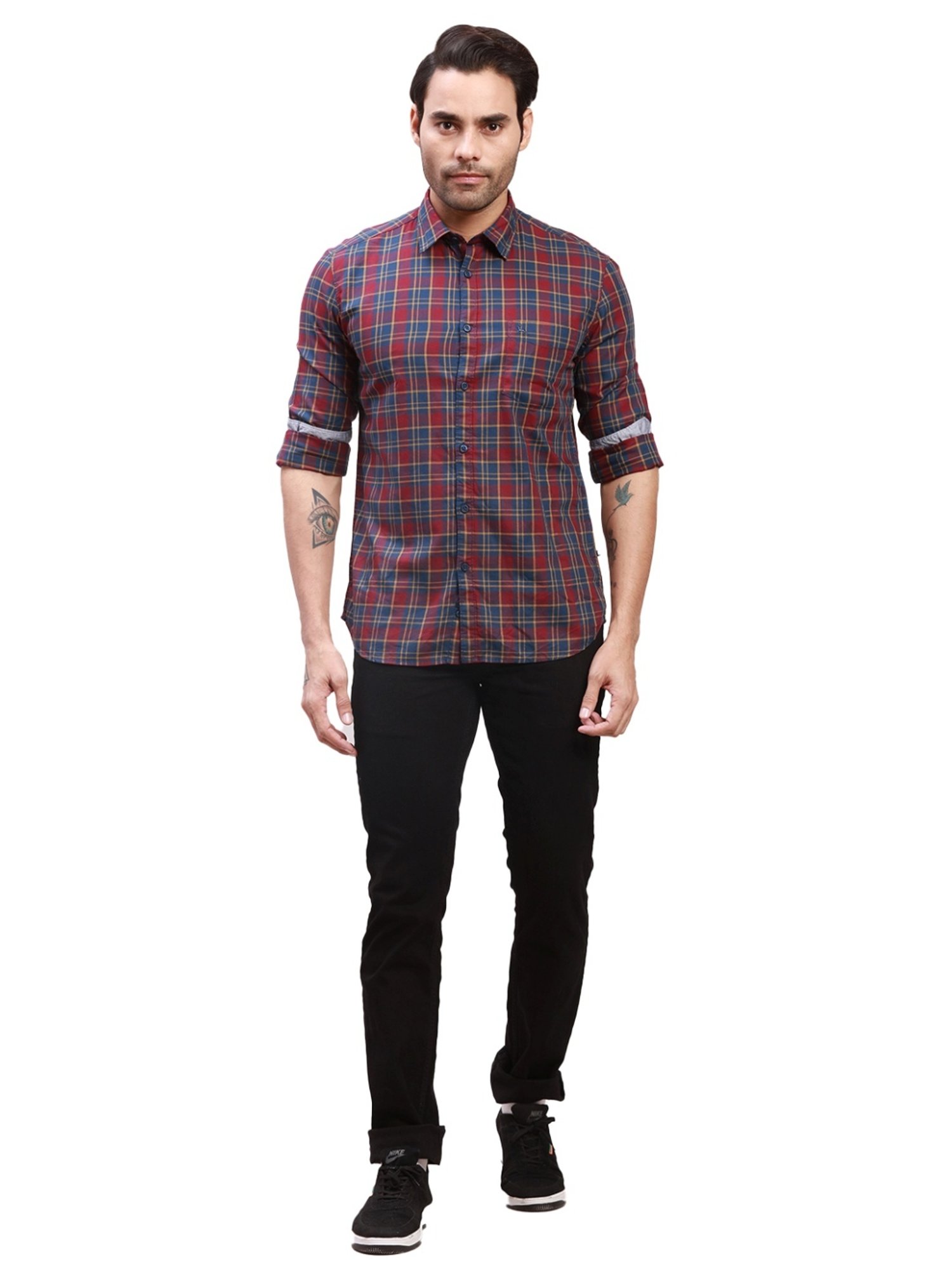 Spykar Blue Cotton Slim Fit Checks Shirt