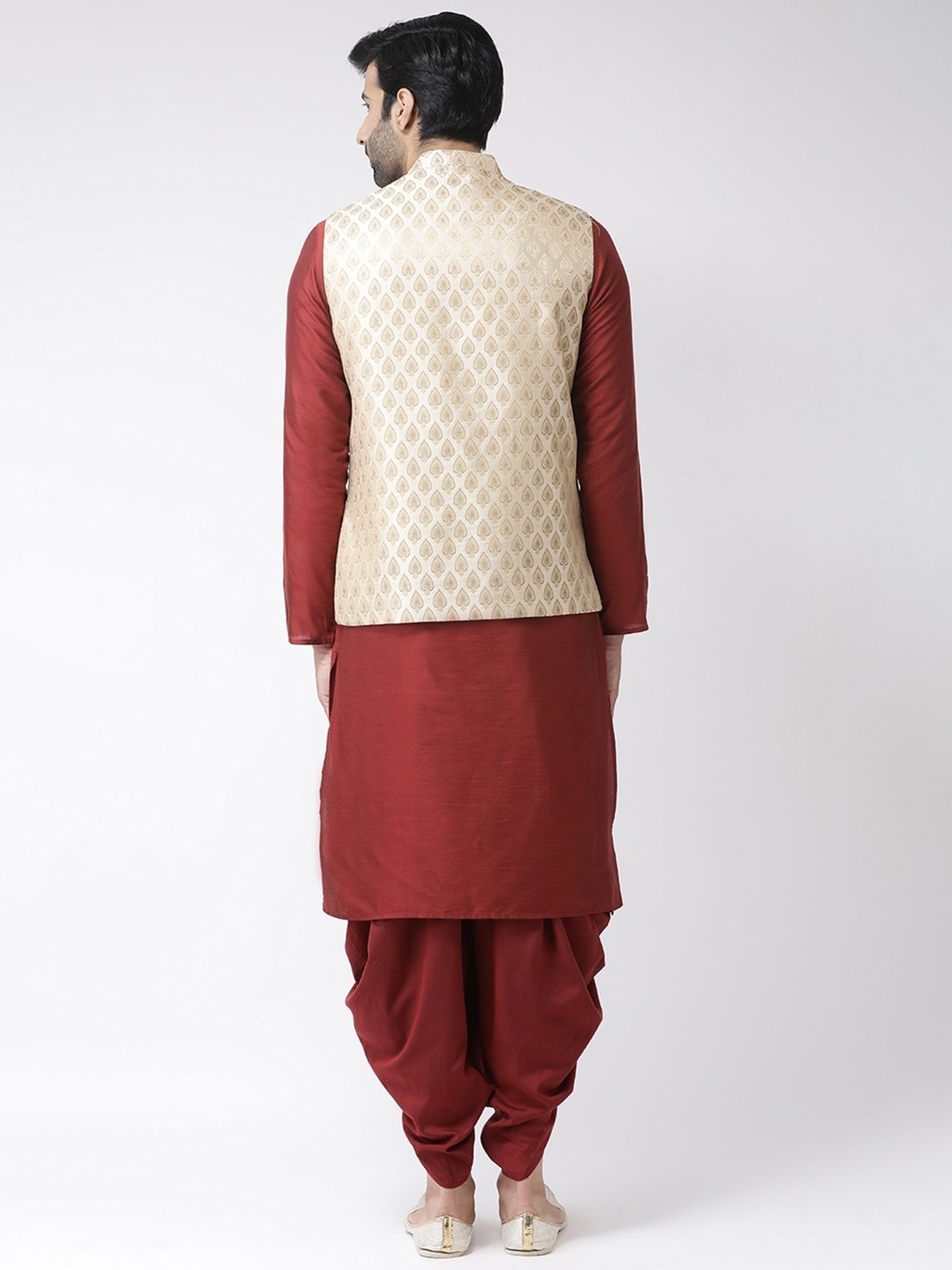 KISAH PLUS Beige & Maroon Regular Fit Jacquard Kurta Set With Jacket