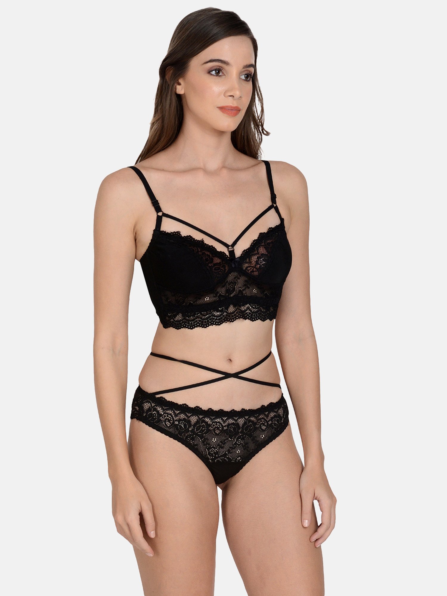 mod & shy Black Self Pattern Lingerie Set