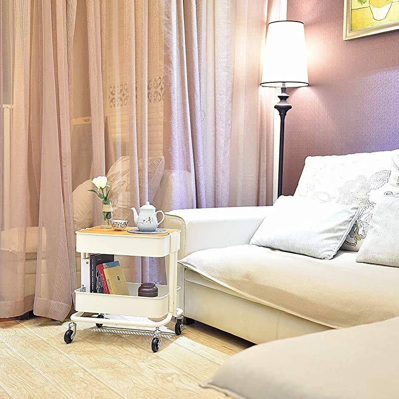 Metal Utility Rolling Cart Storage Side End Table with Cover Board for Office Home Kitchen Organization, Cream White