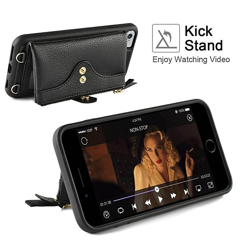 Wallet Case Compatible with iPhone 6 Plus iPhone 6S Plus Case Wallet Card Holder Case with Wrist Chain Crossbody Strap Zipper Case for iPhone 6 PlusiPhone 6S Plus 55 inchesBlack