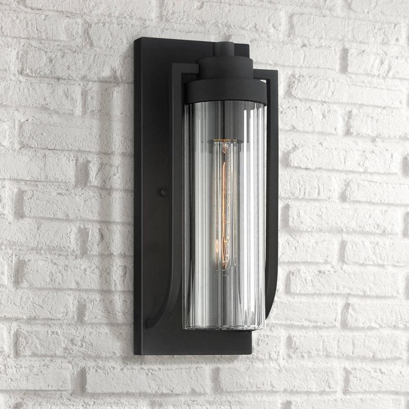 Possini Euro Design Modern Outdoor Wall Light Fixture Textured Black 15 1/2" Clear Ribbed Glass Exterior House Porch Patio Deck