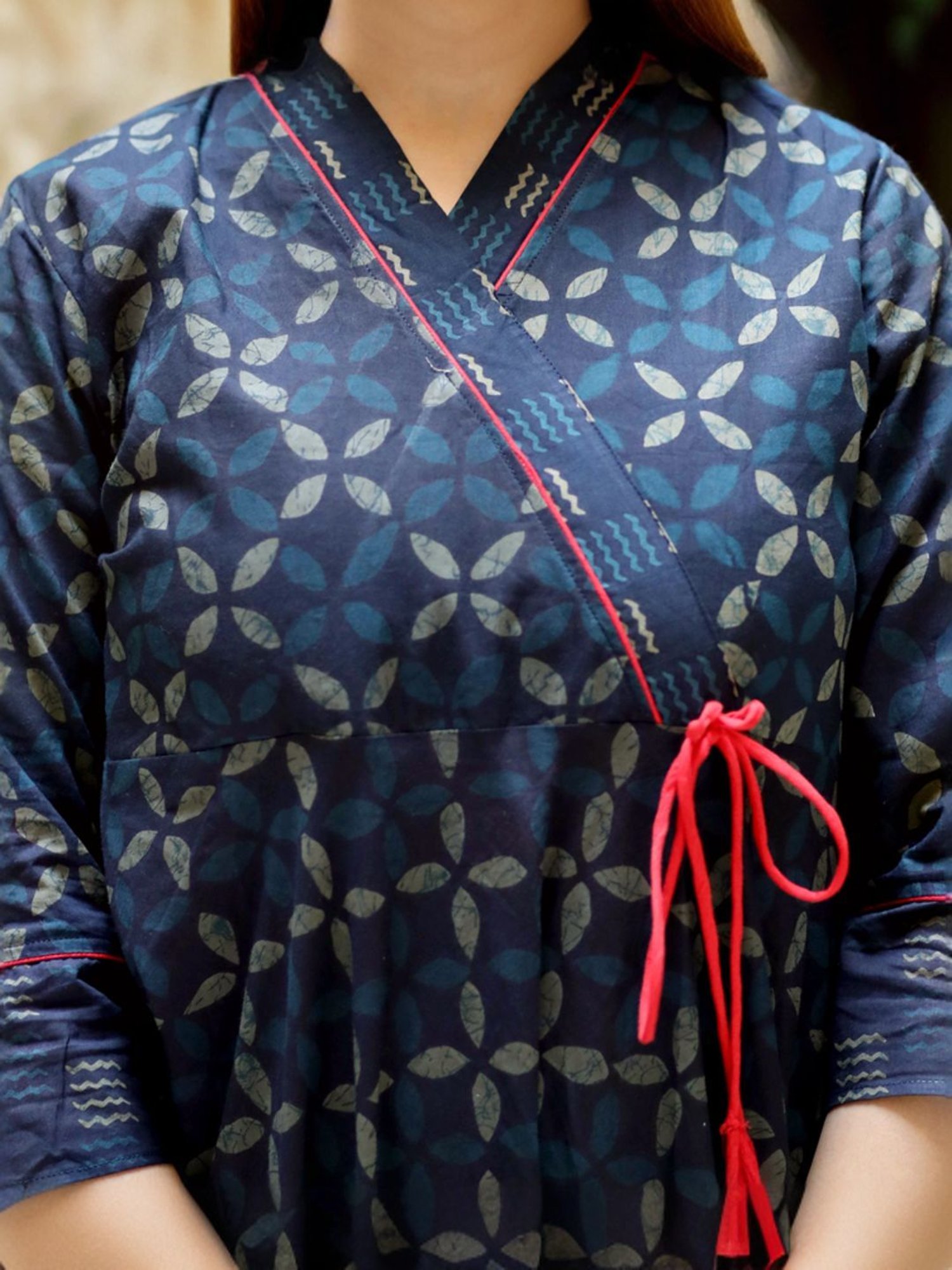 Miravan Blue Cotton Angrakha Printed Kurta