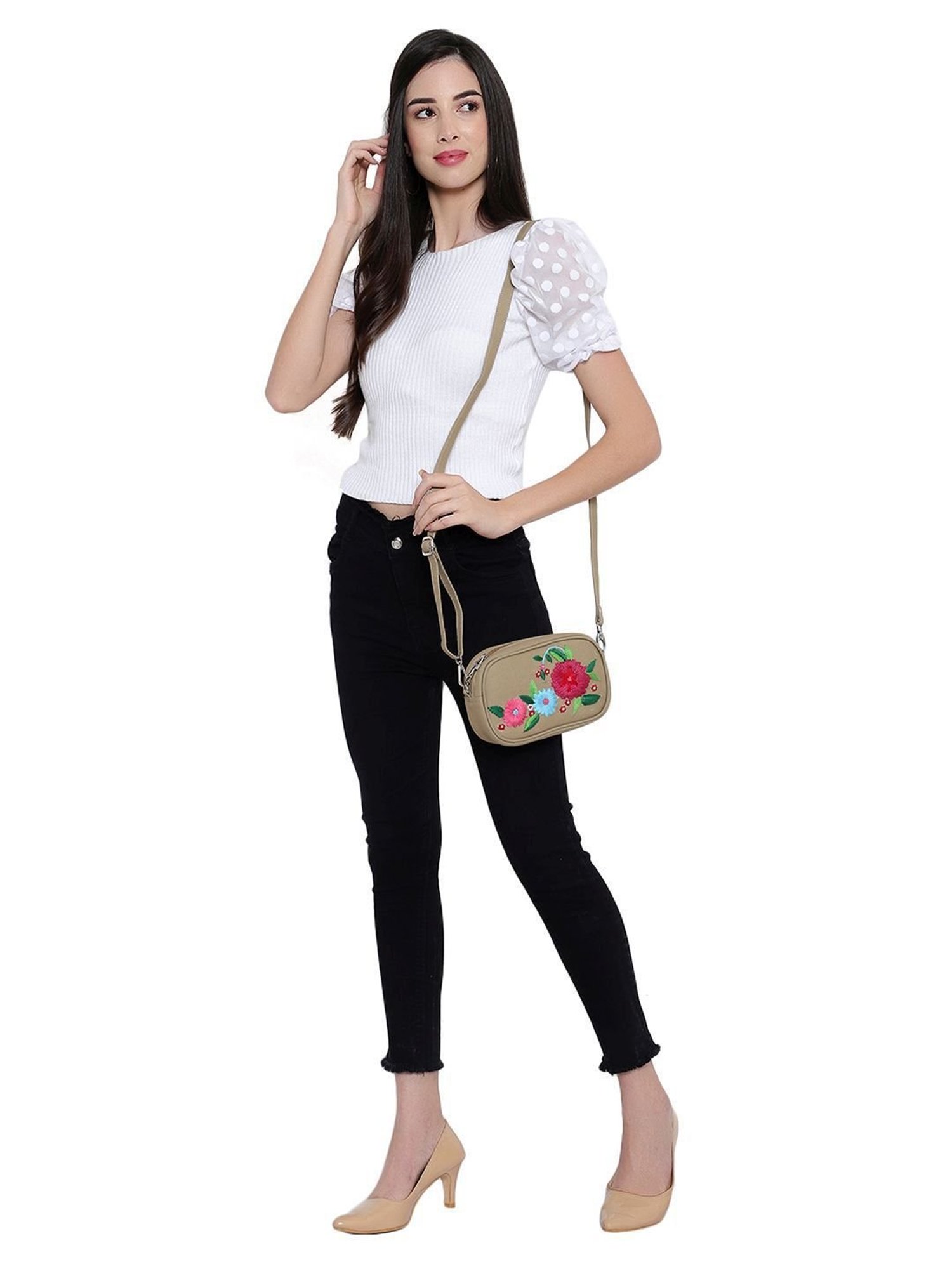 Spice Art Beige Embroidered Medium Sling Handbag