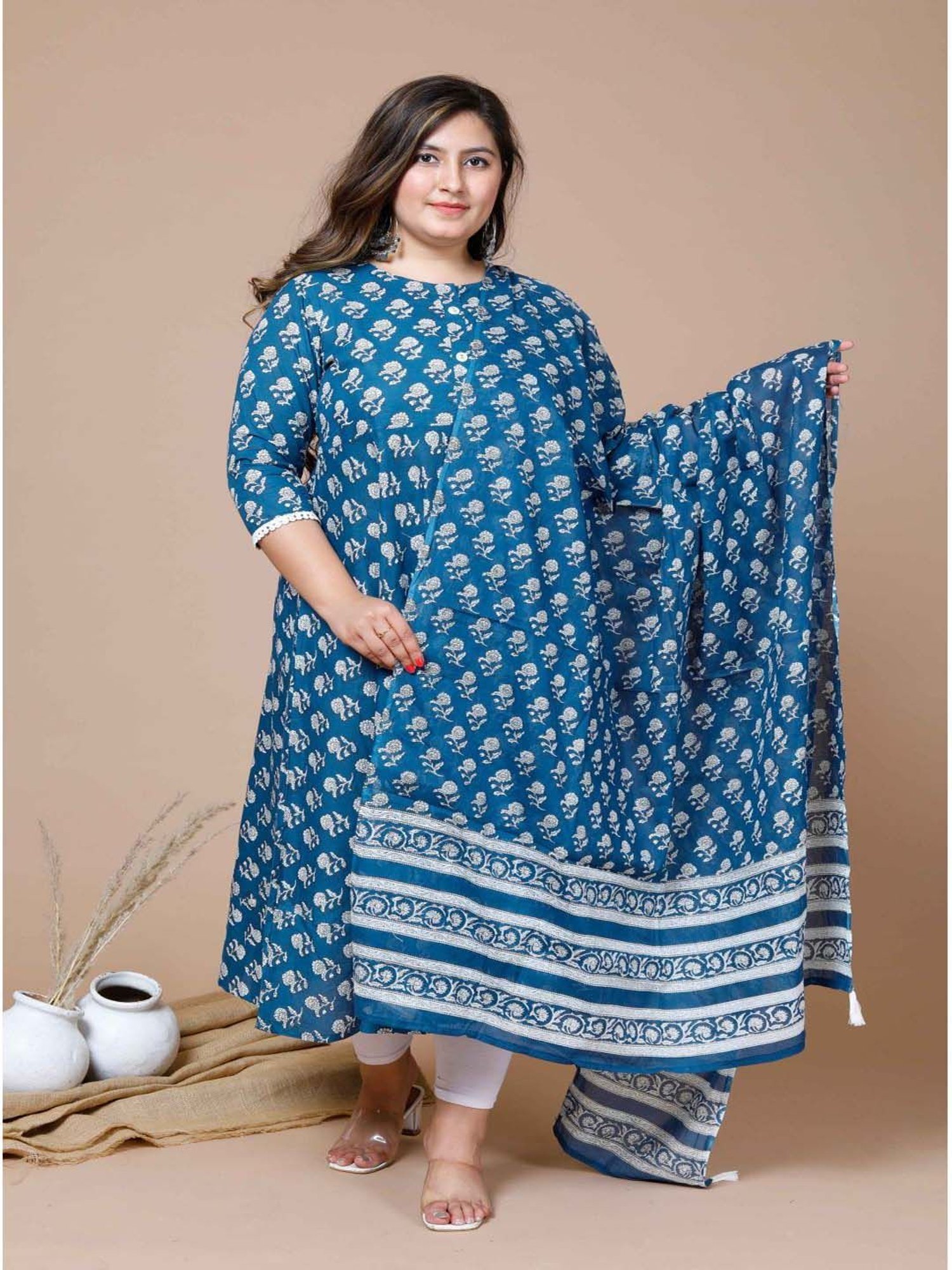 Miravan Blue & White Cotton Printed Kurta With Dupatta