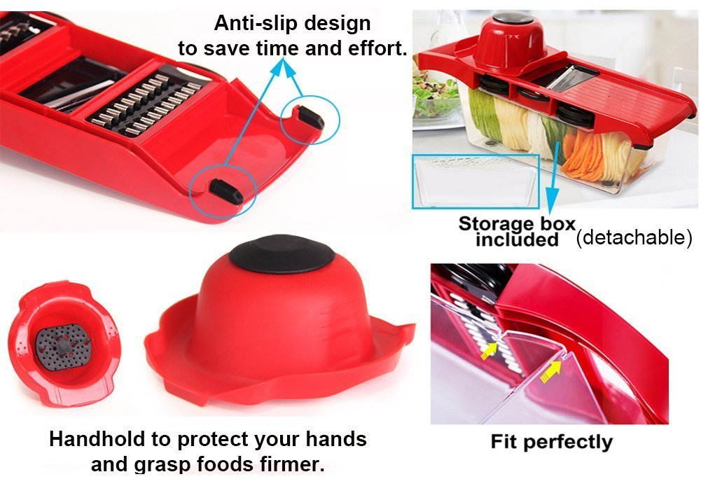 Vegetable Slicer Cutter Chopper Grater Julienne - 6 Interchangeable Blades, One Peeler, One Hand Protector, One Food Storage Container Multi-function Cutter for Fruit, Potato, Tomato, Onion, Cheese