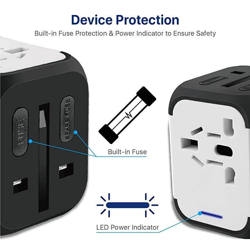 International Universal Power Adapter Converter with 2 USB Charging Ports All in One Travel Worldwide Plug Builtin Spare Fuse AC Socket Wall Outlet for US EU UK AU CN 150 Countries White