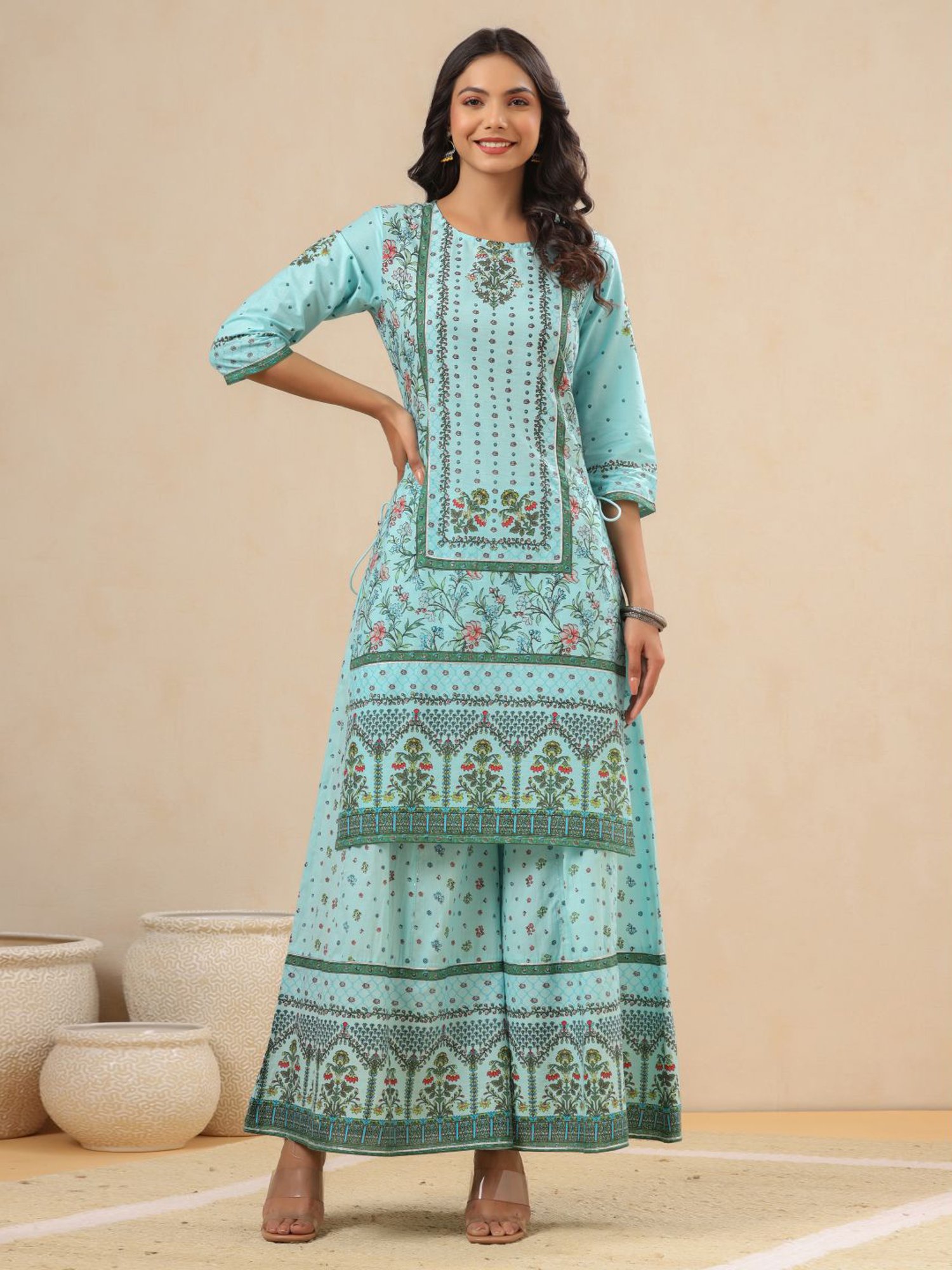 Juniper Turquoise Floral Print Kurta Palazzo Set