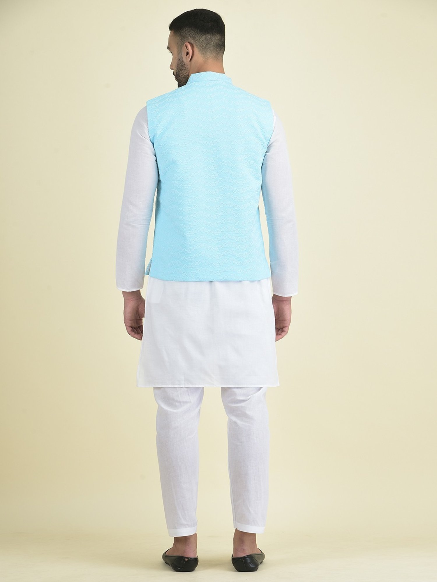 Deyann Blue & White Cotton Regular Fit Embroidered Kurta Set With Jacket