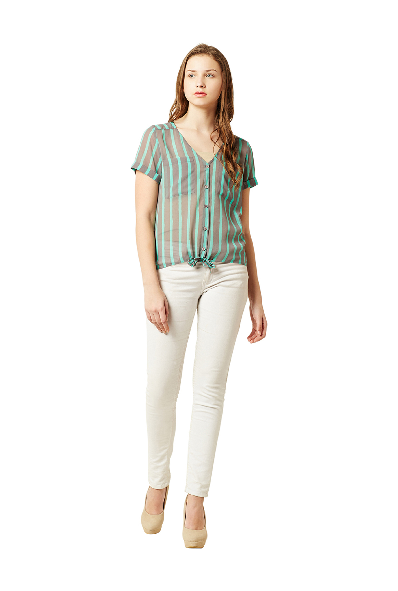 Miss Chase Grey & Mint Striped Georgette Top