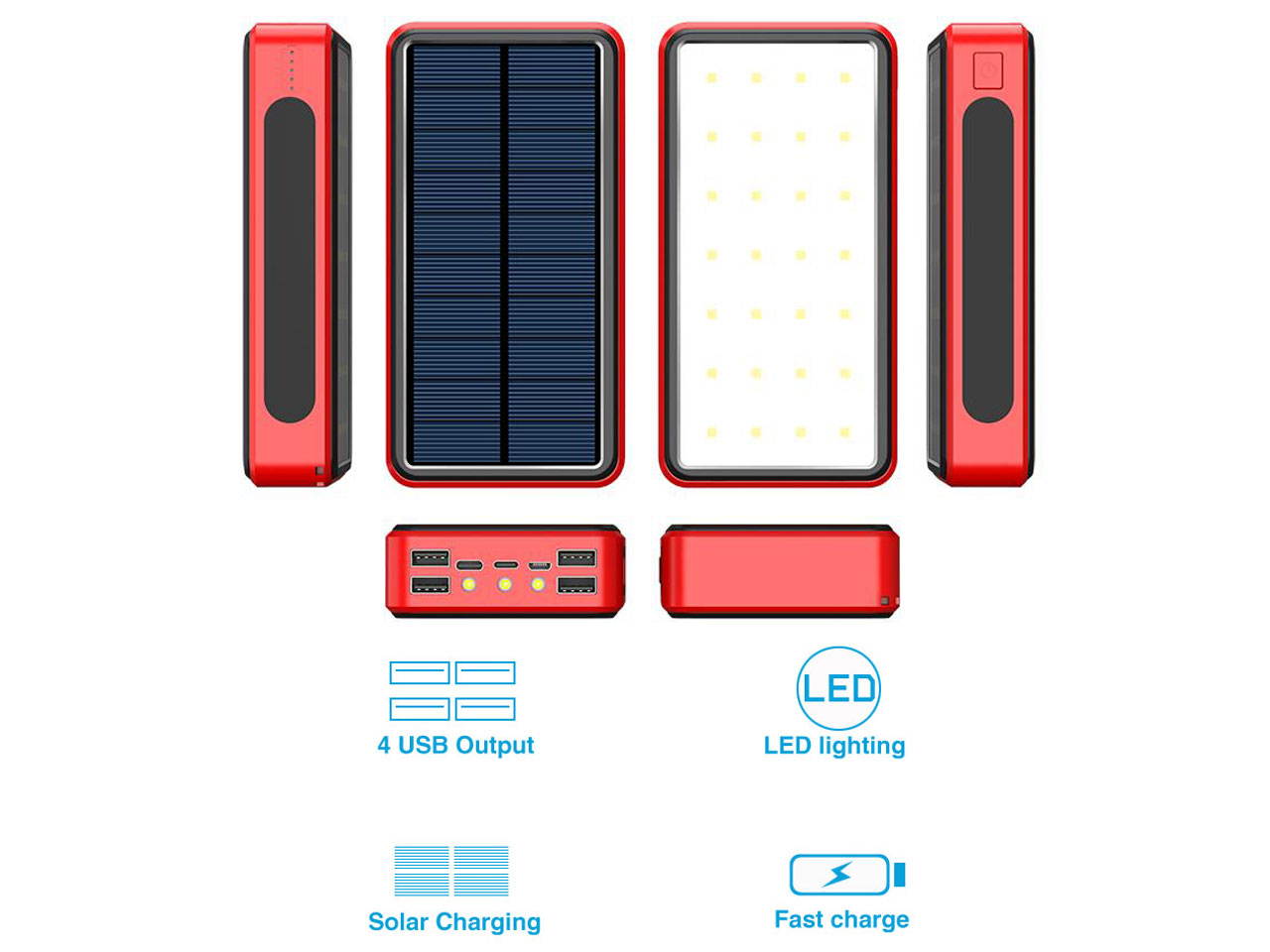 Lurkwolfer Solar Charger Power Bank 30000mAh Portable Charger with 4 USB 2.4A Outputs, External Battery Pack with Ultra Bright LED Flashlights Phone Chargers for Phone, Tablet and Camping Outdoors