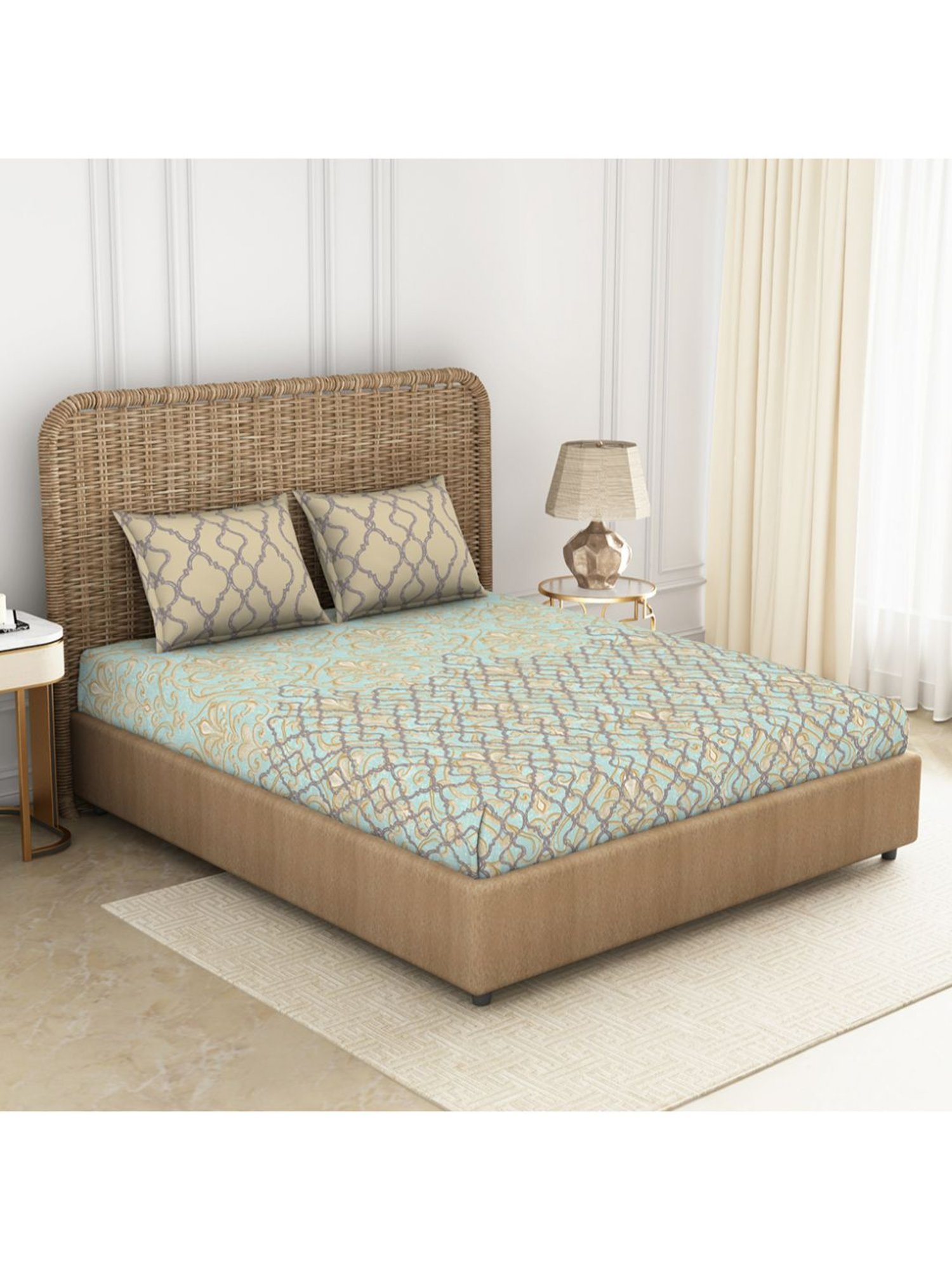 Spaces Blue 144 TC Cotton Printed Double Bed Sheet with 2 Pillow Covers