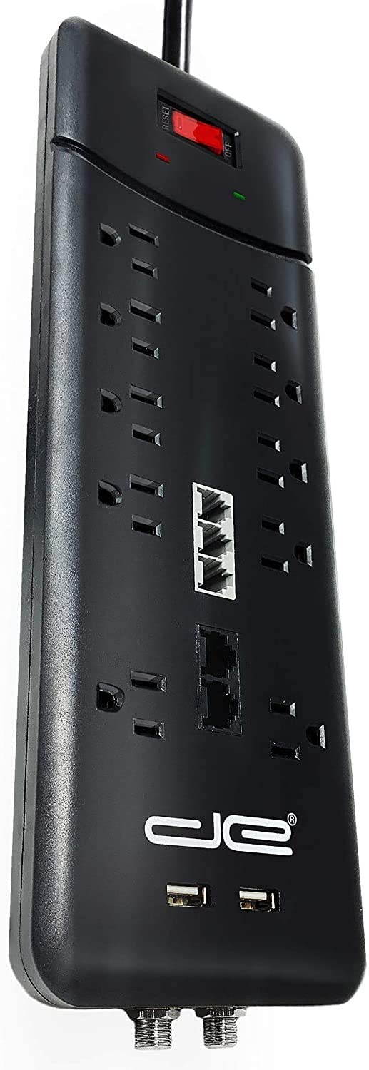 Digital Energy 15-ft Heavy Duty 10-Outlet 3500 Joules Surge Protector Power Strip, 15 Foot Long Extension Cord, Two USB Charging Ports, Coaxial, Phone Protection, ETL Listed. 15 AMP, Black