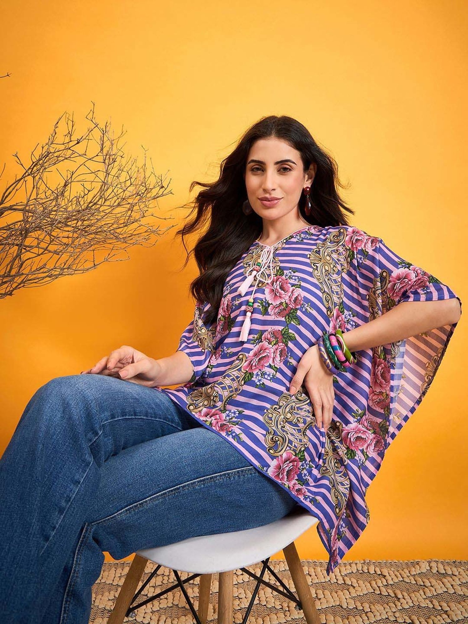 The Kaftan Company Blue Cotton Striped Kaftan Top