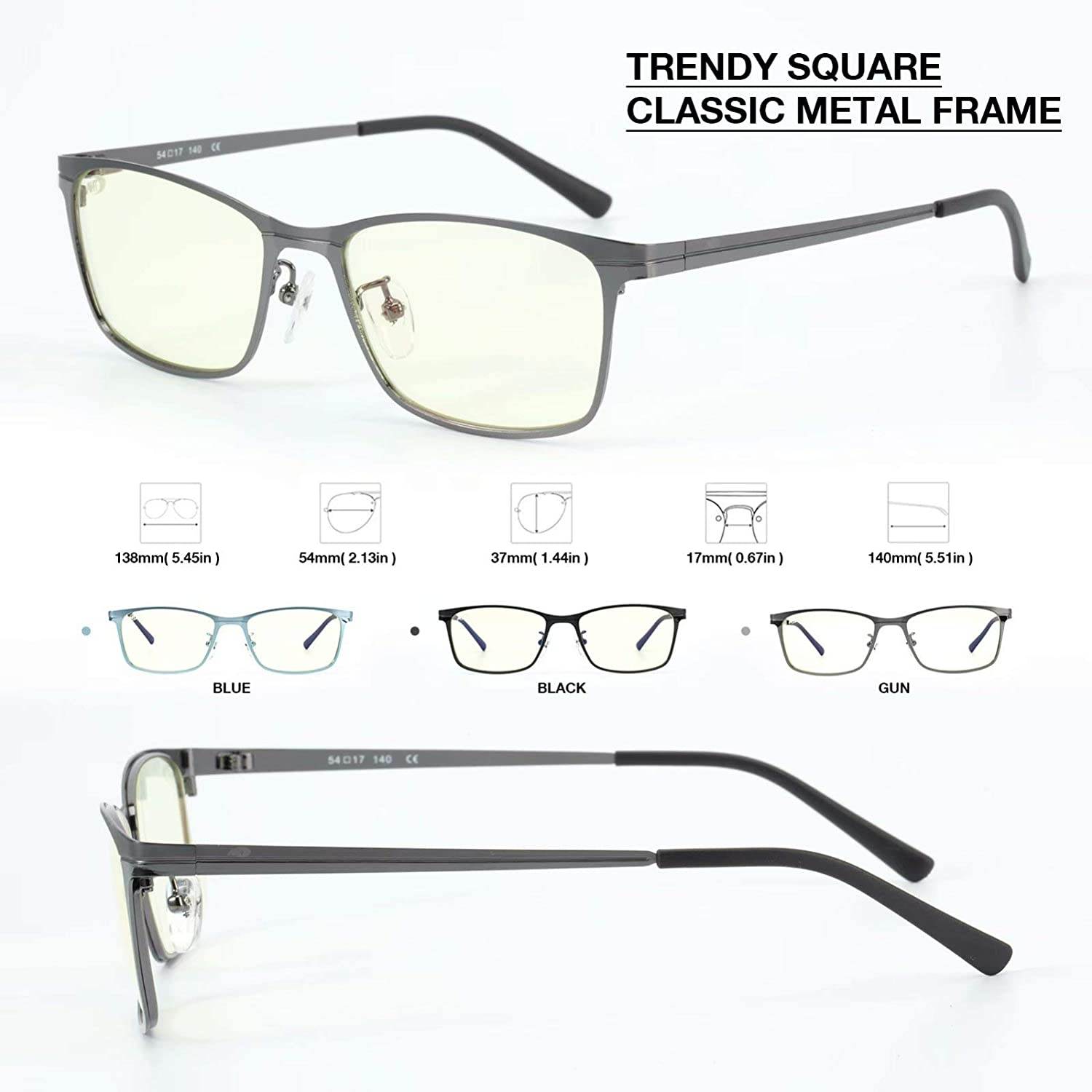 Blue Light Blocking Glasses Women/Men - Anti Eye Strain Computer Glasses, Classic Square Metal Frame(Gun Color), UV Filter Blue Blocker Glasses, Eyeglasses Non Prescription
