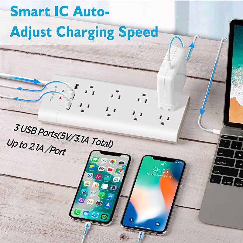 Power Strip with USB,  Surge Protector with 8 Outlets and 3 USB Ports 6Ft Extension Cord Flat Plug/Wall Mountable Grounded, Desktop Charging Station for Computer Laptops Smartphone Home Office
