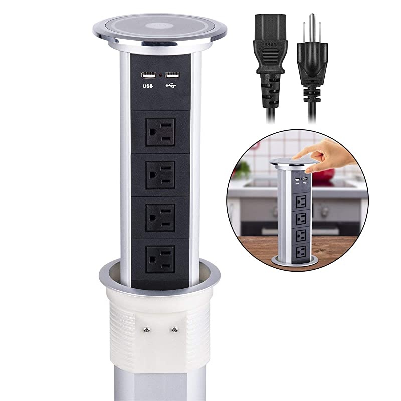 Intelligent Motorised Pop Up Socket Surge Protector Power Strip Retractable Power Strip with Dual USB Charging Stations for Kitchen Counter, Conference Room (White)