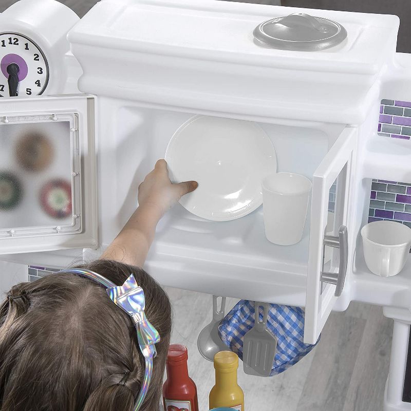 Step2 Great Gourmet Kids Play Pretend Mini Kitchen Playset with 36 Piece Accessory Set, Double Oven, Microwave, and Fridge for Toddler Food Cooking