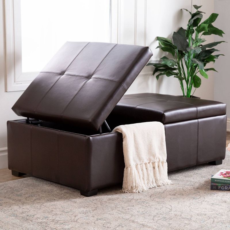 Joshua Bonded Leather Double Flip-Storage Ottoman Brown - Abbyson Living