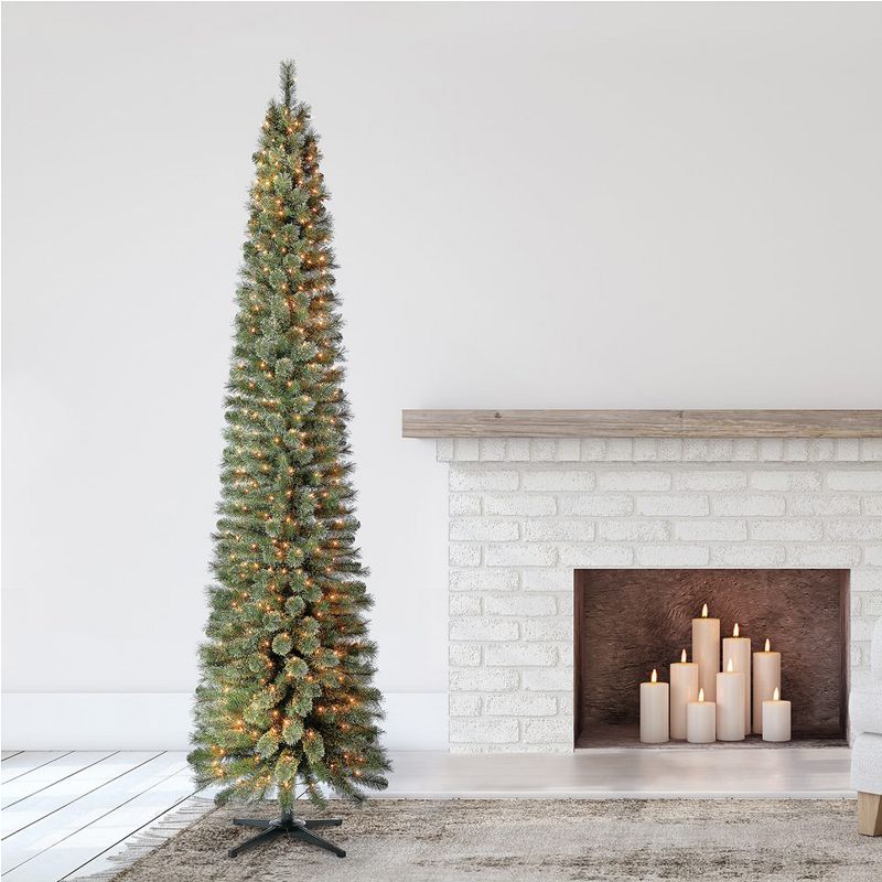 Home Heritage 9 Foot Pre-Lit Skinny Artificial Stanley Pencil Pine Christmas Tree with Clear White Lights, Foldable Stand and Easy Assembly