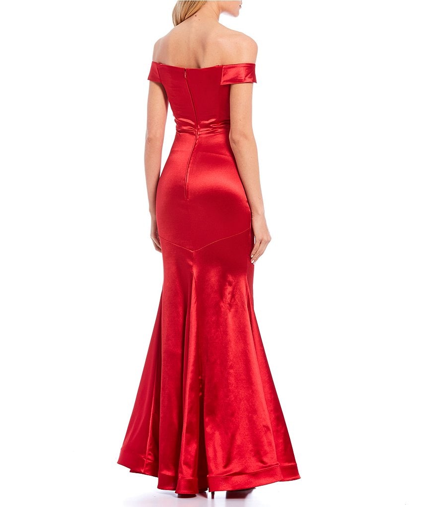 Teeze Me Off-the-Shoulder Cap-Sleeve Horsehair Hem Satin Long Dress