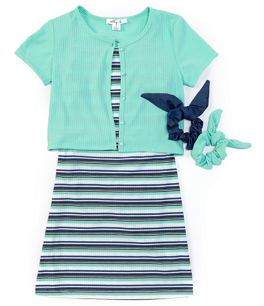 Ally B Big Girls 7-16 Short-Sleeve Solid Cardigan & Sleeveless Striped A-Line Dress Set