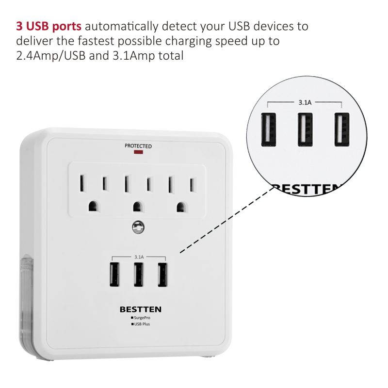 BESTTEN Cell Phone Charging Center, Triple 2.4A USB Charging Ports (3.1A Totally) with 2 Slide-Out Phone Holders for iPhone, iPad and Others, Wall Mount Design, ETL Certified, White