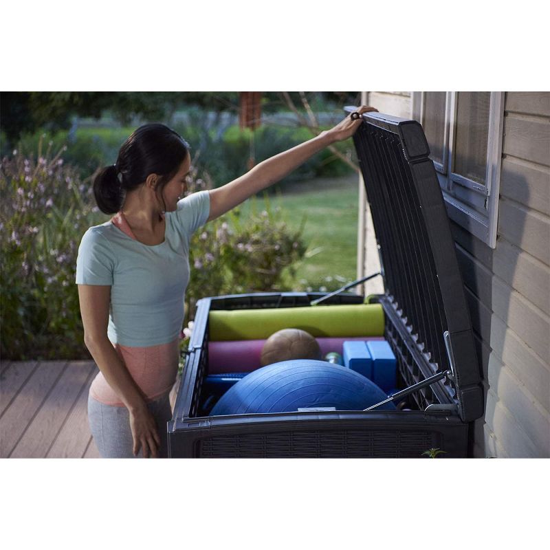 Keter Borneo Outdoor Resin Deck Storage Box Bin Organizer for Patio Furniture, Cushions, and Pool Toys with Wicker/Rattan Design, 110 Gallon, Grey