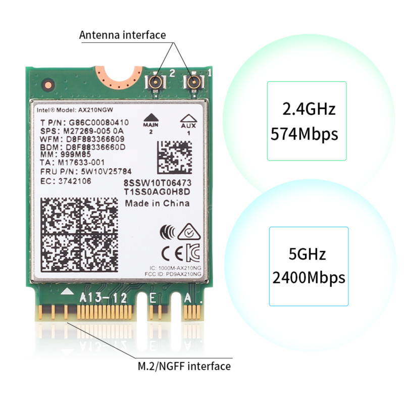 Fenvi Dual Band Wi-Fi 6E AX210 802.11ax WiFi Card 2400Mbps 5Ghz Wireless Module MU-MIMO for Laptop Desktop,With Intel AX210,Bluetooth 5.2,Internal WiFi Adapter Support Windows 10 64bit , M.2/NGFF 2230
